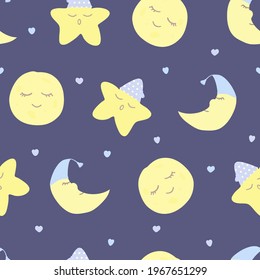 Vector seamless pattern with moon (crescent), stars and hearts on purple. For wallpapers, fabric, textile and linen, print clothes and pajamas, gift and wrapping paper, invitation to pajama party.