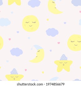 Vector seamless pattern with moon (crescent), stars, and clouds on white. For wallpapers, fabric, textile and linen, print clothes and pajamas, gift and wrapping paper, invitation to pajama party.