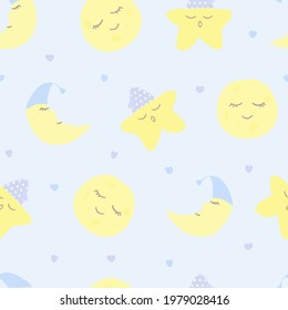 Vector seamless pattern with moon (crescent), stars and hearts on blue. For wallpapers, fabric, textile and linen, print clothes and pajamas, gift and wrapping paper, invitation to pajama party.