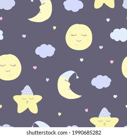 Vector seamless pattern with moon (crescent), stars, and clouds on purple. For wallpapers, fabric, textile and linen, print clothes and pajamas, gift and wrapping paper, invitation to pajama party.