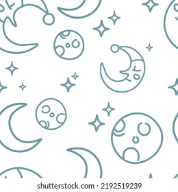 Vector seamless pattern with moon icons and many small stars on white background. Cute children's contour illustration. Decorative sloppy element for textile print, advertising layout design. Bed time