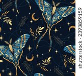 Vector seamless pattern with moon moth and stars. Contemporary composition. Trendy texture for print, textile, packaging.