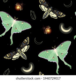 Vector seamless pattern with moon moth and stars