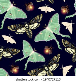 Vector seamless pattern with moon moth and stars