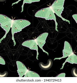 Vector seamless pattern with moon moth and stars