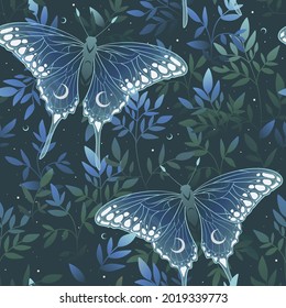 Vector seamless pattern with moon moth and leaves. Contemporary composition. Trendy texture for print, textile, packaging.