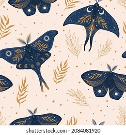 Vector seamless pattern with moon moth and stars. Contemporary composition. Trendy texture for print, textile, packaging.