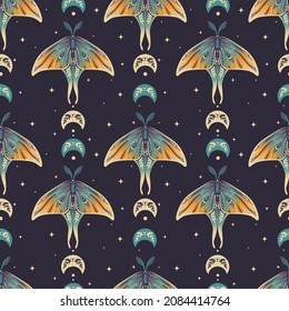 Vector seamless pattern with moon moth and stars. Contemporary composition. Trendy texture for print, textile, packaging.