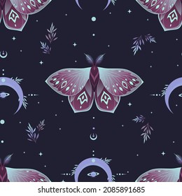 Vector seamless pattern with moon moth and stars. Contemporary composition. Trendy texture for print, textile, packaging.