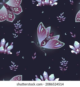 Vector seamless pattern with moon moth and stars. Contemporary composition. Trendy texture for print, textile, packaging.