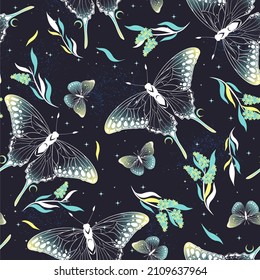 Vector seamless pattern with moon moth and stars. Contemporary composition. Trendy texture for print, textile, packaging.