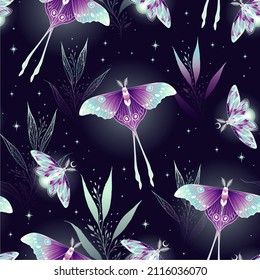 Vector seamless pattern with moon moth and stars. Contemporary composition. Trendy texture for print, textile, packaging.