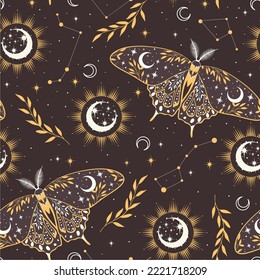 Patrón vectorial sin fisuras con la polilla lunar y las estrellas. Composición contemporánea. Textura de moda para impresión, textil, envasado.