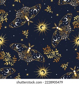 Patrón vectorial sin fisuras con la polilla lunar y las estrellas. Composición contemporánea. Textura de moda para impresión, textil, envasado.