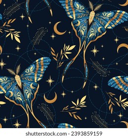 Vector seamless pattern with moon moth and stars. Contemporary composition. Trendy texture for print, textile, packaging.