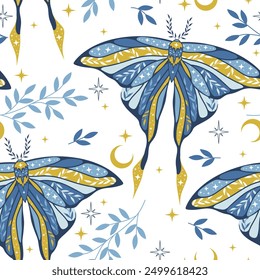 Vector seamless pattern with moon moth, herbs and stars. Contemporary composition. Trendy texture for print, textile, packaging.