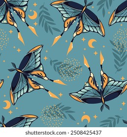 Vector seamless pattern with moon moth and stars. Contemporary composition. For wallpaper, fabric, background.