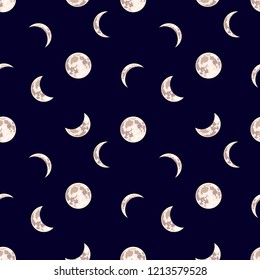 Vector Seamless Pattern: Moon, Night Sky Dark Background with Different Phase of Moon, Cartoon Illustration.