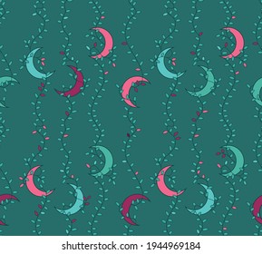 vector seamless pattern of moon on endless brunches in green and pink colours, main colour of green, esoteric seamless colored pattern