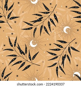 Vector seamless pattern with  moon, plants and stars. Mystical esoteric background for design of fabric, packaging, astrology, phone case, wrapping paper.