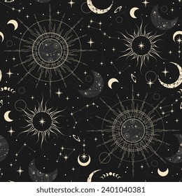 Vector seamless pattern with moon, plants. Mystical esoteric background for design of fabric, packaging, astrology, phone case, wrapping paper.