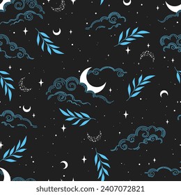 Vector seamless pattern with moon, plants. Blue ans white colors. Mystical esoteric background for design of fabric, packaging, astrology, phone case, wrapping paper.