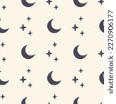 Vector seamless pattern with moon and stars on beige background. Mystical illusrtation. Print for magical digital paper, fabric, wrapping, baby clothes.