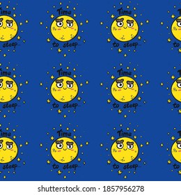 Vector seamless pattern with moon and stars and the inscription, time to sleep. Cute doodle concept on a blue background is suitable for clothes for home, sleep, children and girls