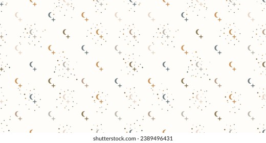 Vector seamless pattern with moon and stars on a beige background. Bohemian mystical pattern. Surface design in soft colors for children's fabric, wrapping paper, and children's room decor. 