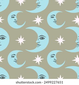 Vector seamless pattern with moon and stars. Vintage background in boho style.