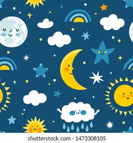 Vector seamless pattern with moon, sun, rainbow, clouds and stars. Night repeated texture with smiling cartoon characters. Cute childish bed time ornament.