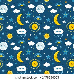 Vector seamless pattern with moon, sun, rainbow, clouds and stars. Night repeated texture with smiling cartoon characters. Cute childish bed time ornament.