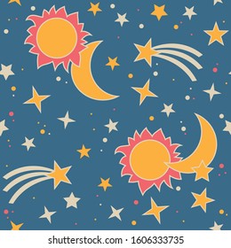 Vector seamless pattern with moon, sun and stars