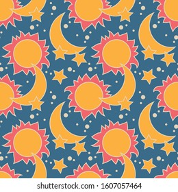 Vector seamless pattern with moon, sun and stars