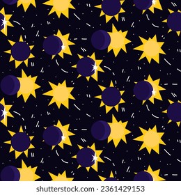 Vector seamless pattern of the Moon and the sun black background of the night sky with different phases of the sun during an eclipse, cartoon illustration. Printing on textiles, packaging for children