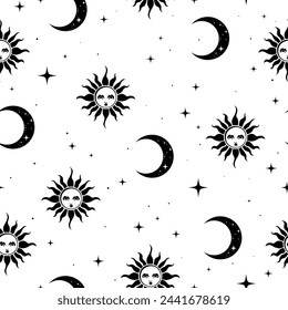 Vector seamless pattern with moon and sun in boho style. Can be used to design wrapping paper, textiles, etc.