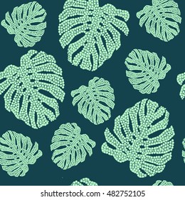 Vector seamless pattern of mosaic monstera leaves on dark green background for home and fashion design.