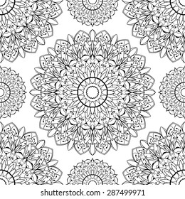 Vector, seamless, pattern of mosaic. Oriental ornament of black elements on a white background. Decoration for facade. Folk tracery for wallpaper.
