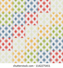 Vector seamless pattern mosaic texture of bathroom tiles. Realistic 3d abstract background with horizontal colorful (yellow, green, red, blue, orange) square in Arabic or oriental style 