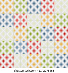 Vector seamless pattern mosaic texture of bathroom tiles. Realistic 3d abstract background with horizontal colorful (yellow, green, red, blue, orange) square in Arabic or oriental style 