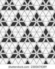 Vector seamless pattern. Mosaics motif. Polygonal trellis on the base of triangular grid. Outline triangles pattern with filed triangles and rhombuses shapes. Black and white vector background.
