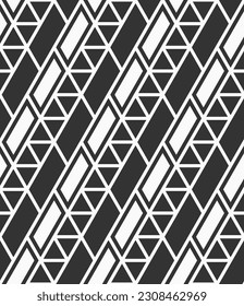 Vector seamless pattern. Mosaics motif. Polygonal trellis on the base of triangular grid. Triangles, geometric shapes pattern. Diagonal tiles. Abstract seamless black and white vector background.