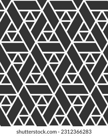 Vektornahtloses Muster. Mosaikmotive. Polygonale Trellis auf der Basis von Dreiecksgitter. Dreiecke, geometrische Formen, flaches Muster. Abstrakter, nahtloser schwarz-weißer Vektorhintergrund.
