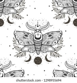 Vector seamless pattern with moth butterfly.Hand-draw illustration. Design tattoo art. With mystic and occult hand drawn symbols. Decoration drawing.