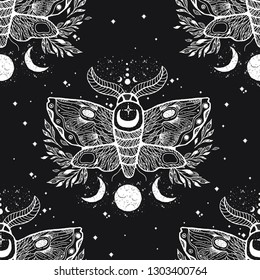 Vector seamless pattern with moth butterfly.Hand-draw illustration. Design tattoo art. With mystic and occult hand drawn symbols. Decoration drawing.