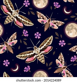 Vector seamless pattern with moth and flowers