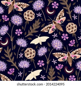 Vector seamless pattern with moth and flowers