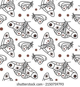 Vector seamless pattern with Moth. Insects. Mysticism. Hand drawn illustration. The print is used for Wallpaper, fabric, textile.