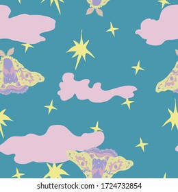 Vector seamless pattern with moths in cloudy sky