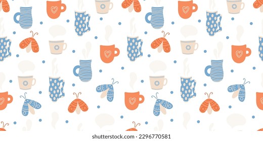 Patrón vectorial sin fisuras con polillas y tazas sobre fondo blanco. Excelente para ropa de cama, papeles pintados, cubiertas.